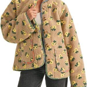 Womens Sherpa Jacket Floral Print Long Sleeve Oversized Casual Coats Teddy Fleec